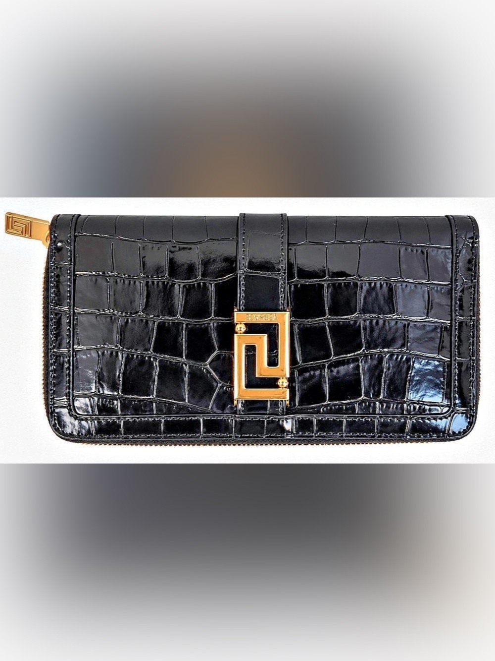 Versace Greca Goddess Croc Embossed Continental Wallet Black Gold - Picture 3 of 6